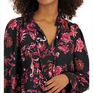 INC International Concepts Black Floral Print Neck Tie Long Sleeve Top Size M